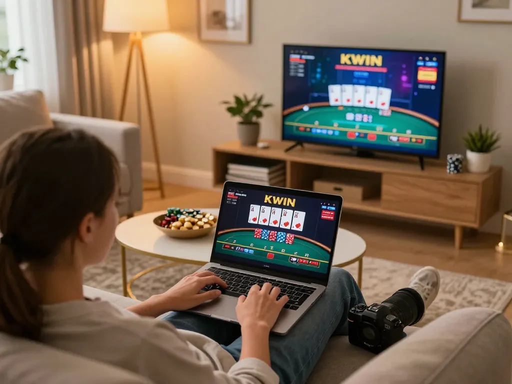 KWIN online betting session in a cozy home setting with lively poker action on screen
