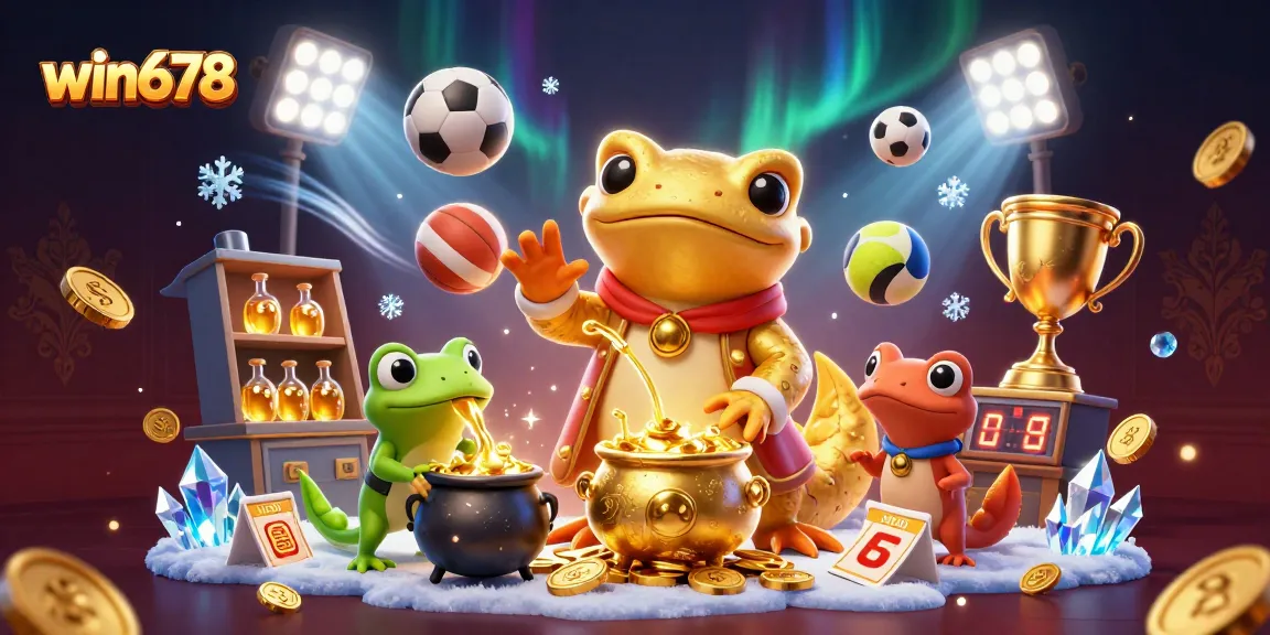 Experience win678 dynamics with gold coins, vibrant sports elements, and a magical alchemist scene.