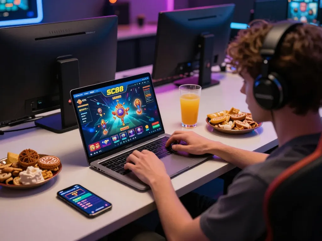 Engaging in SC88 online gaming with vibrant graphics, cozy atmosphere, and snacks.