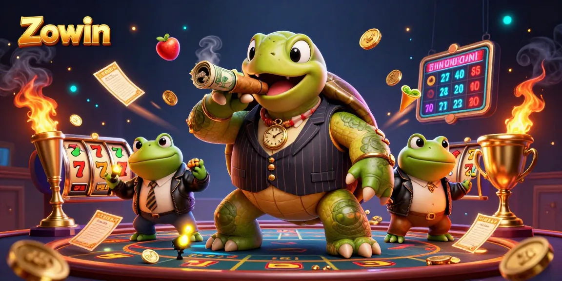Zowin offers exhilarating casino gaming with vibrant slot elements and unique characters in a dynamic scene.