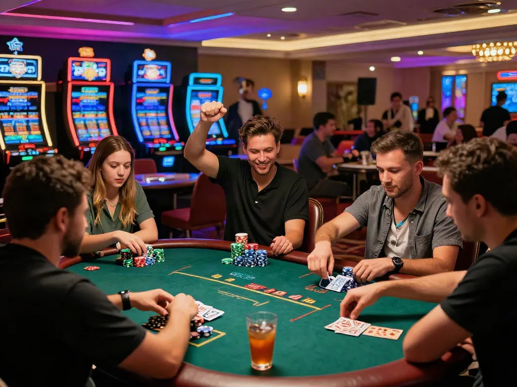 Excited players enjoying the best credit card casinos experience at a lively poker table in a luxurious setting.
