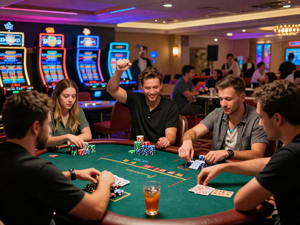 Excited players enjoying the best credit card casinos experience at a lively poker table in a luxurious setting.