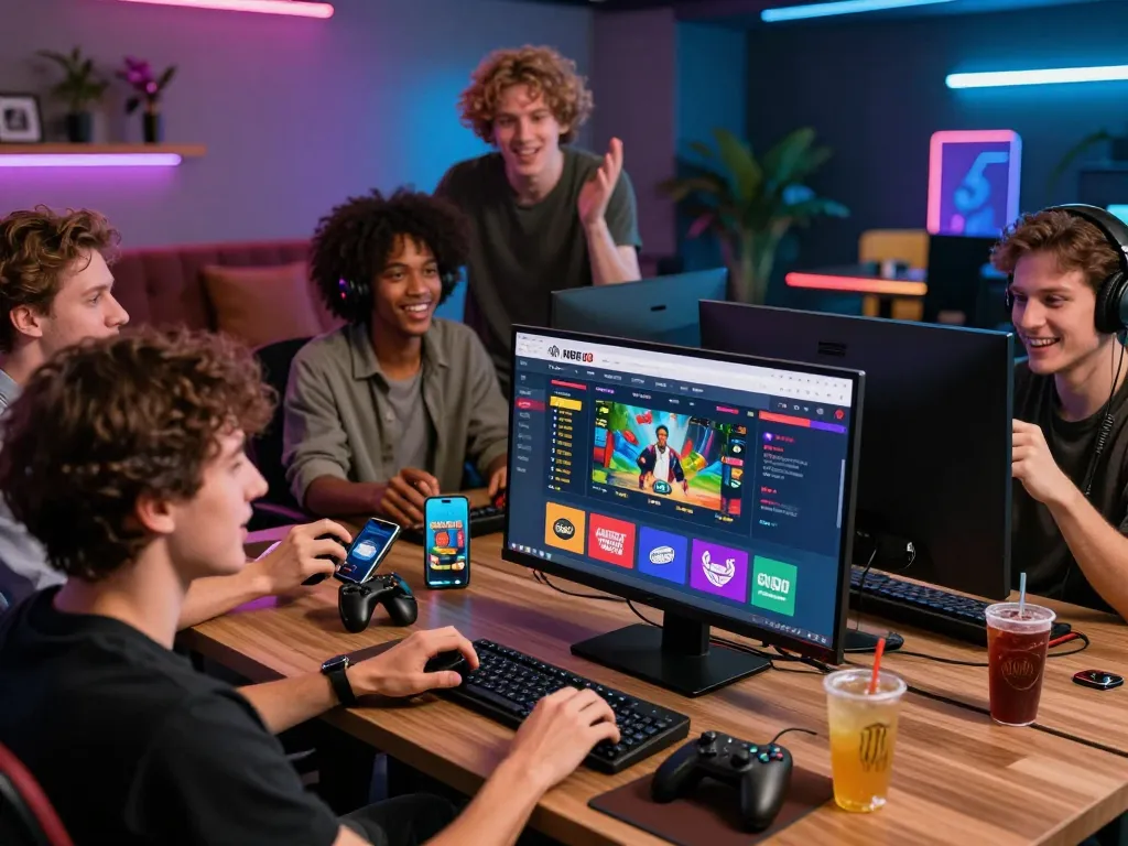 Exciting online gambling experience on https://gem88.com.mx/ with friends discussing gaming strategies in a vibrant setting.