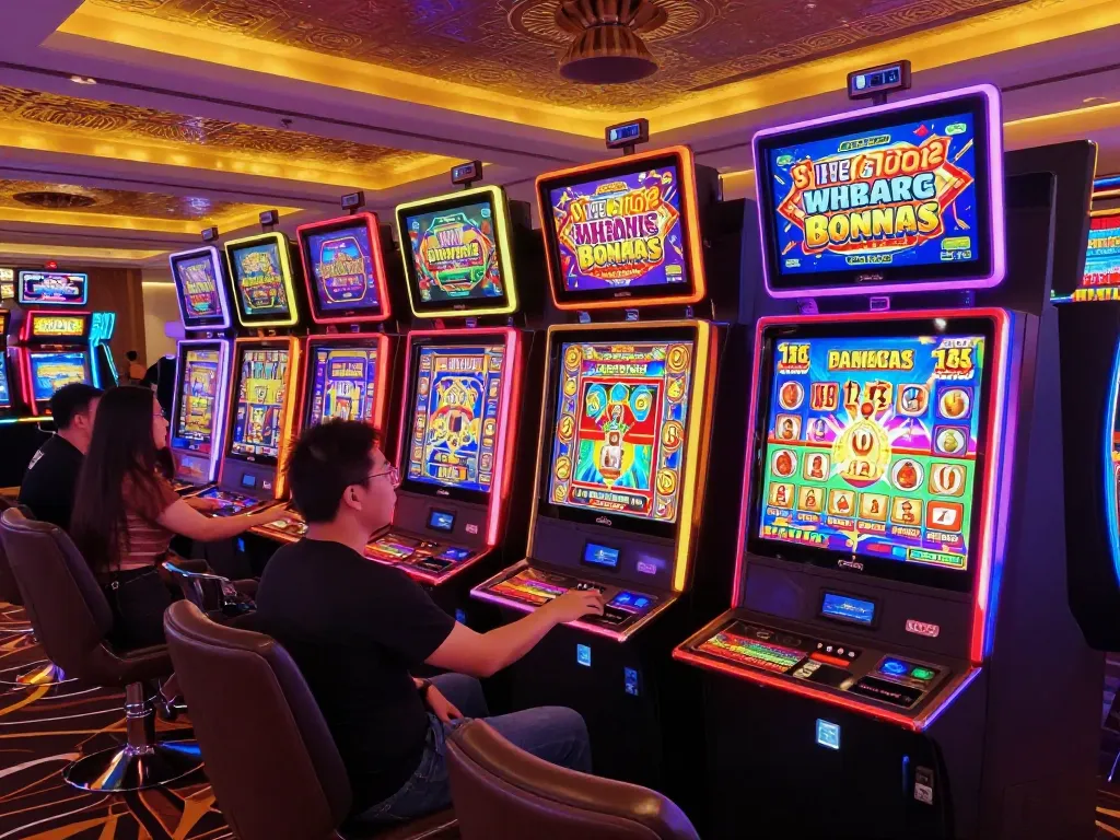 Engaged players spinning Slot Malaysia machines in a vibrant casino atmosphere.