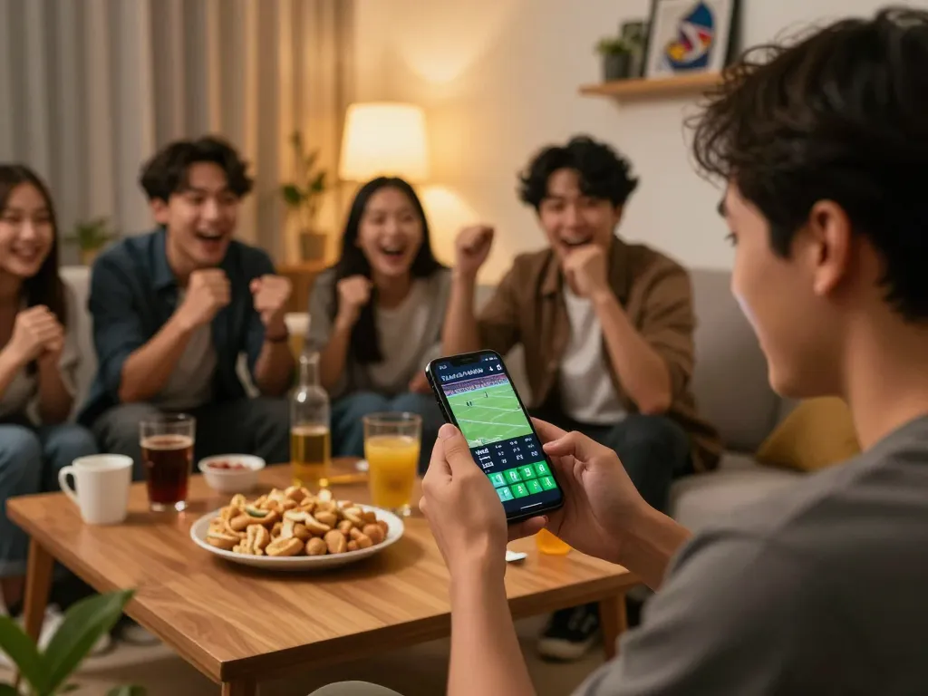 Kèo nhà cái 5 live betting enthusiast checks odds on smartphone during exciting game.