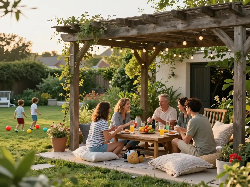 Family enjoying outdoor gathering around a custom pergola configurator with string lights.