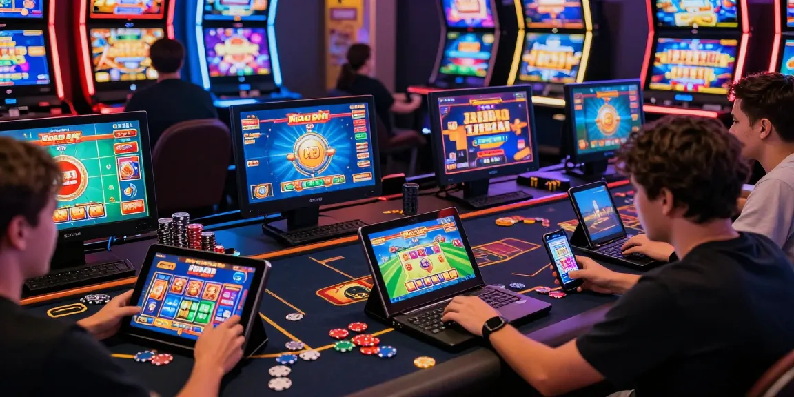 Xocdia88 online gaming excitement with vibrant atmosphere, competitive players using tablets and smartphones.