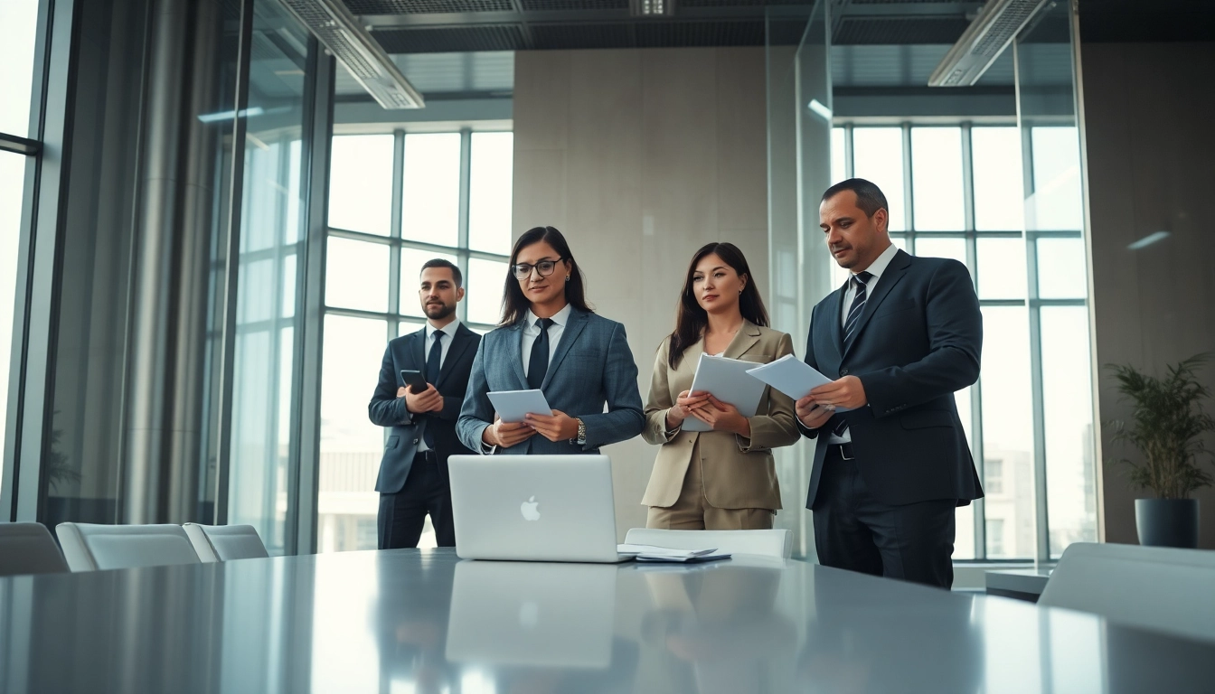 A security agency team evaluating corporate risks in a modern office setting.
