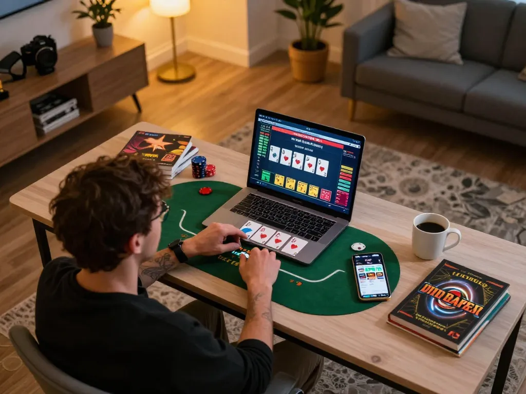 Player enjoying an online poker game at home using hbet app, showcasing strategic gameplay setup