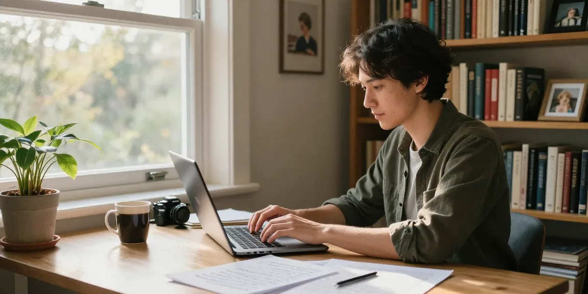 Author working in a cozy home office, exploring more about the author.