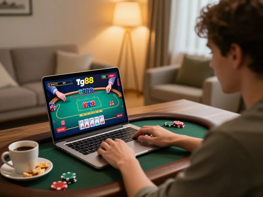 Engaging online gaming experience at tg88 with live dealer action on laptop screen.