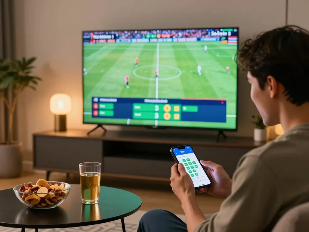 Kèo nhà cái 5 betting excitement at home with person placing bets on smartphone during live match.