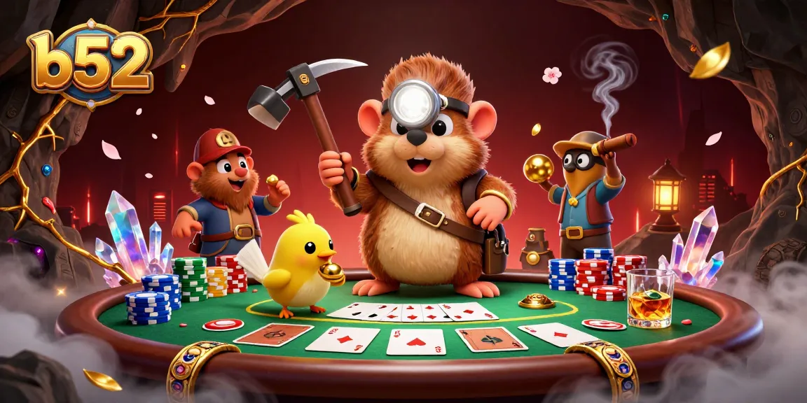 Engage in thrilling poker gameplay at b52 with cartoon treasure hunter mole amidst golden treasures.