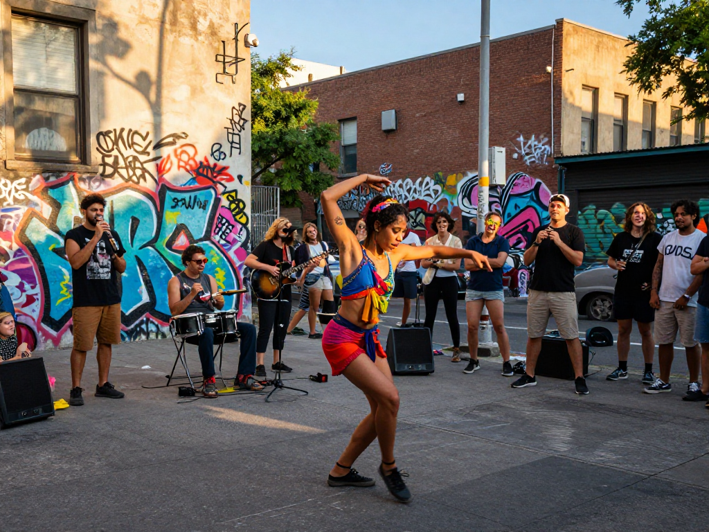 NSFW urban dance performance in vibrant city backdrop with engaging audience
