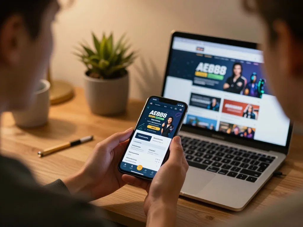 Engaging with the TRANG CHỦ AE888 app for sports betting in a cozy home atmosphere.