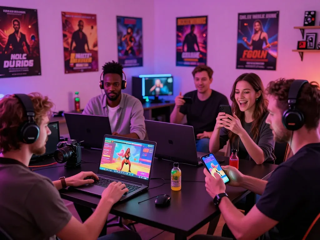 Engaging scene of diverse players enjoying sex games on laptops and smartphones in a vibrant gaming space.