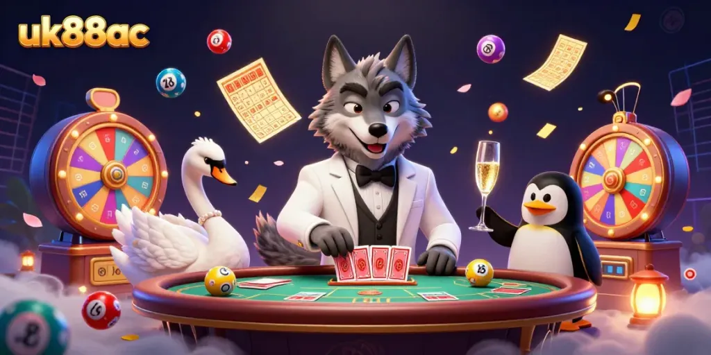 Experience exciting gameplay at uk88ac with a lively casino scene featuring wolf, swan, and penguin characters.