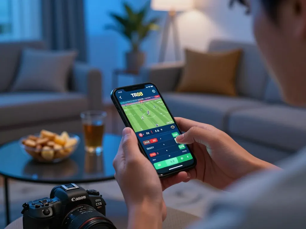 Engaging in TR88 sports betting via smartphone app, live match displayed with odds visible