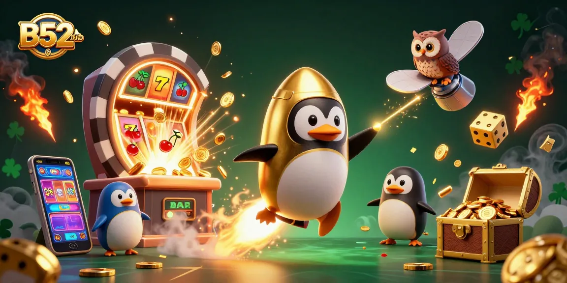 Experience the excitement of B52club as a golden penguin rockets towards a casino.