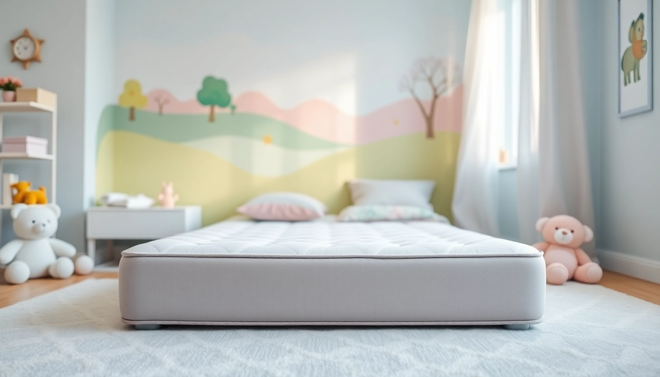 Comfortable twin mattress in a cheerful children's bedroom with soft colors and plush toys.
