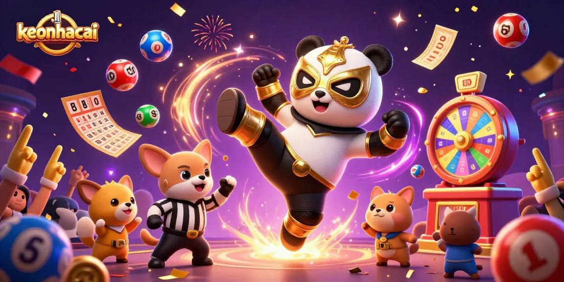 Experience the excitement of keonhacai with colorful gaming elements surrounding a wrestling panda!