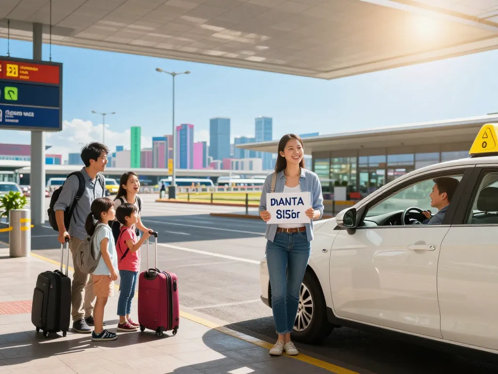 Taxi cost and family excitedly discussing their travel plans at the airport transfer area.