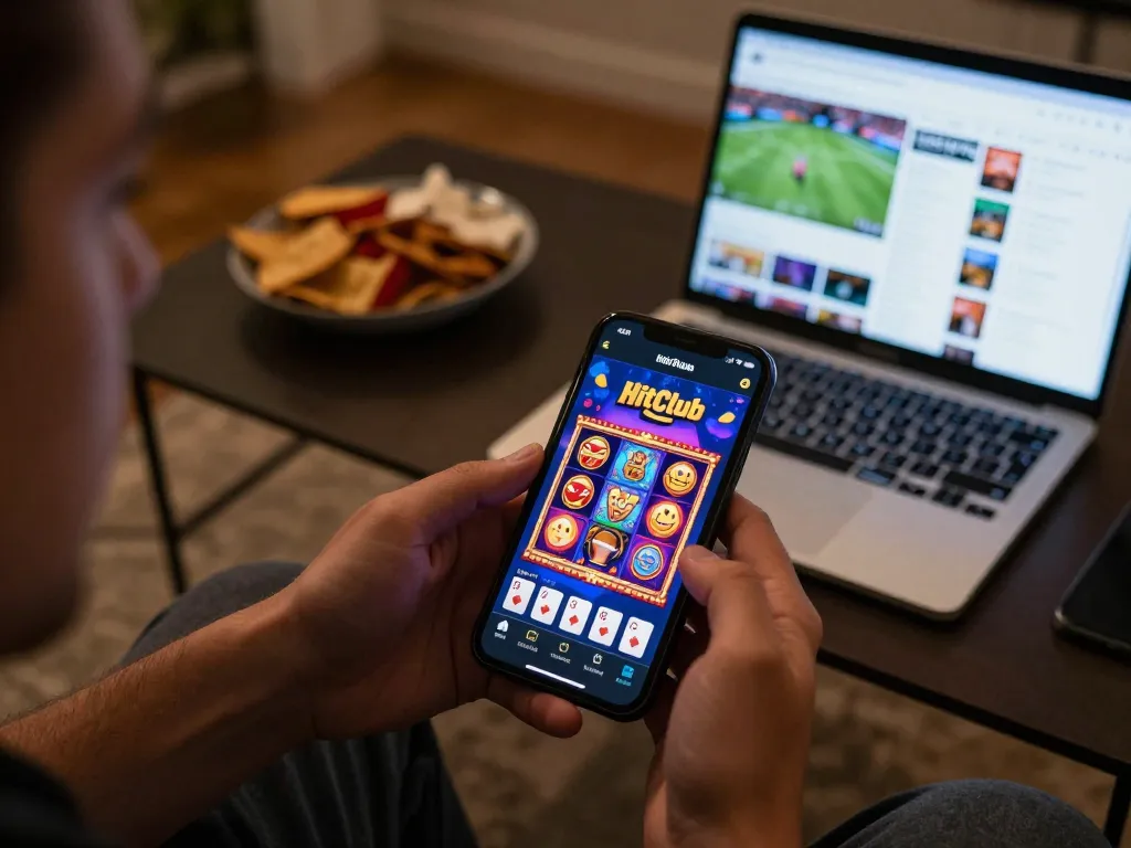 Player enjoying hitclub chính hãng on a smartphone, surrounded by snacks and laptop in a cozy gaming setup.
