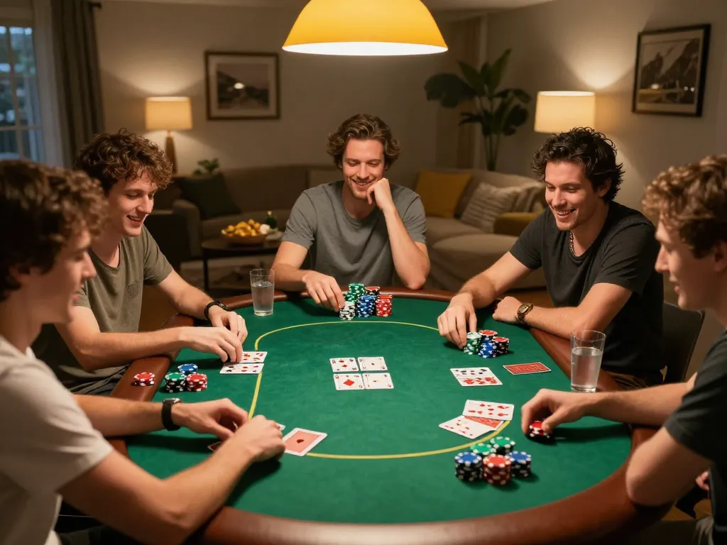 Friends enjoying a lively poker night with FLY88-themed game, creating an engaging social gambling atmosphere.