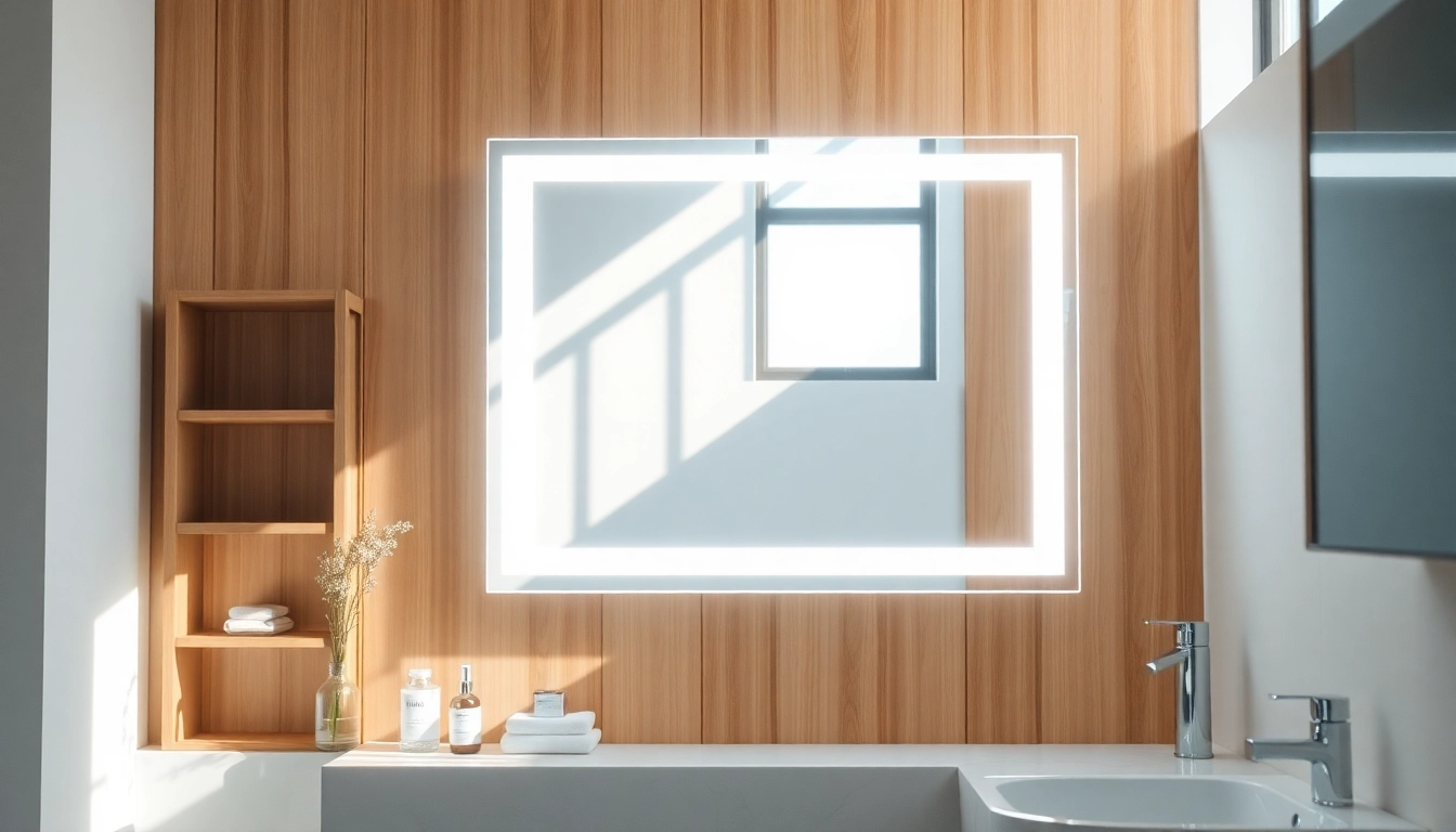Bright led mirror bathroom reflecting stylish fixtures and warm wooden accents.