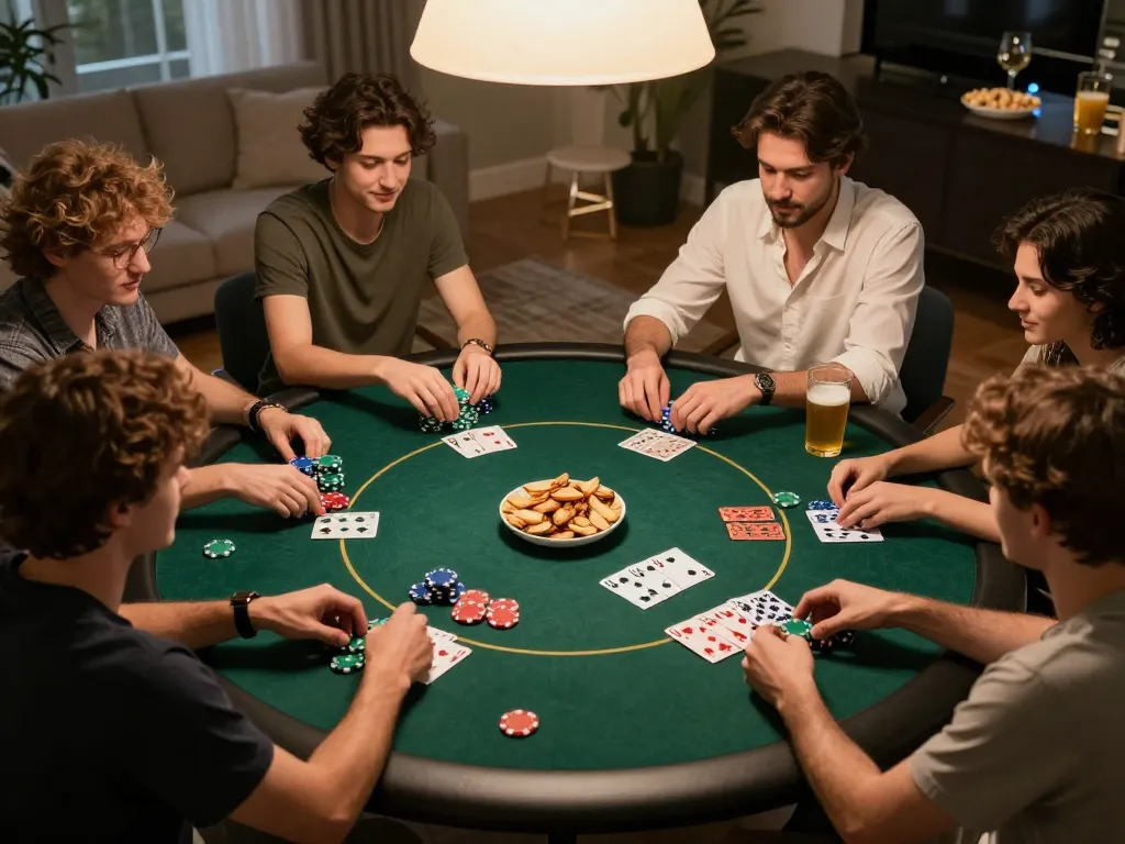 Friends enjoying a poker night with vibrant chips and cards, focusing on sc88 gameplay strategies.