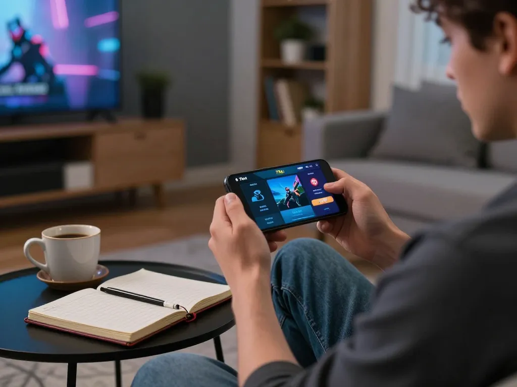 Player using the 77bet app on smartphone for an exciting online gambling experience in a cozy home setting.