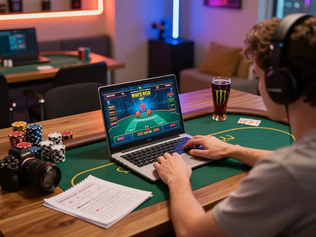 Player intensely engaged in an online poker game at home using bl555 for strategy and winning.