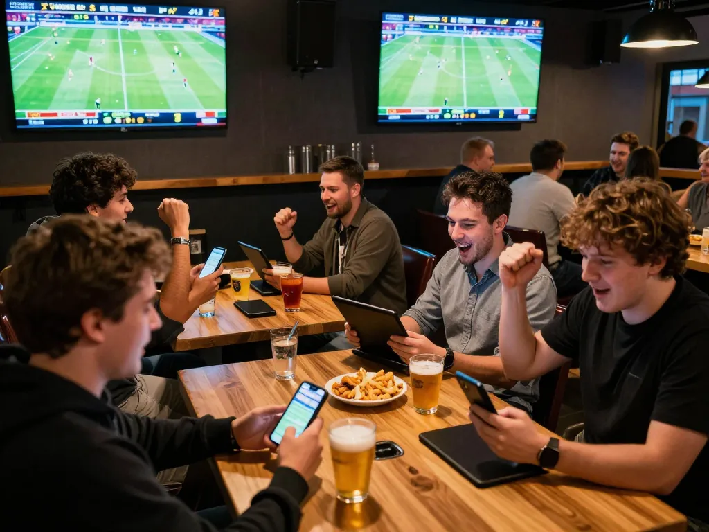 Excited crowd engaging in sports betting and live scores at 7mcn venue