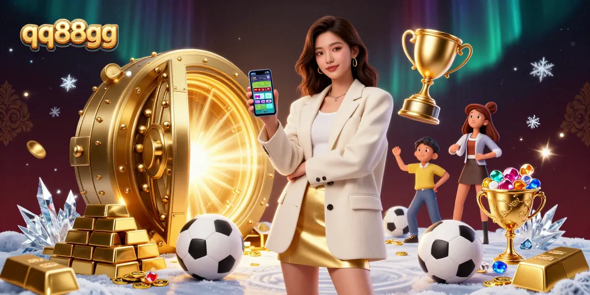 Engage with thrilling sports betting via qq88gg, represented by a stylish Asian woman showcasing a betting app.