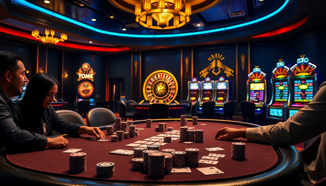 Experience the thrill of high-stakes gambling at http://98wintt.com/ with vibrant poker tables and glowing slot machines.