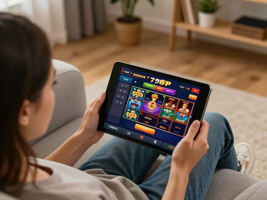 Person exploring 789p lừa đảo on a tablet while enjoying online casino gaming at home.