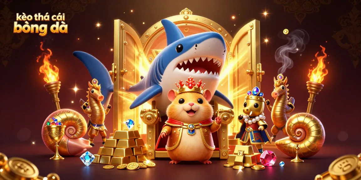 Explore kèo nhà cái bóng đá with a vibrant 3D scene featuring a golden hamster king and treasure elements.
