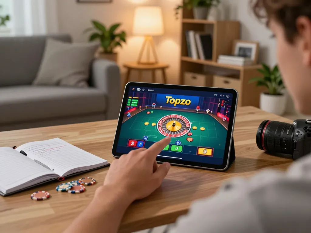 Player enjoying Topzo's online casino app on tablet during an engaging home gaming session.