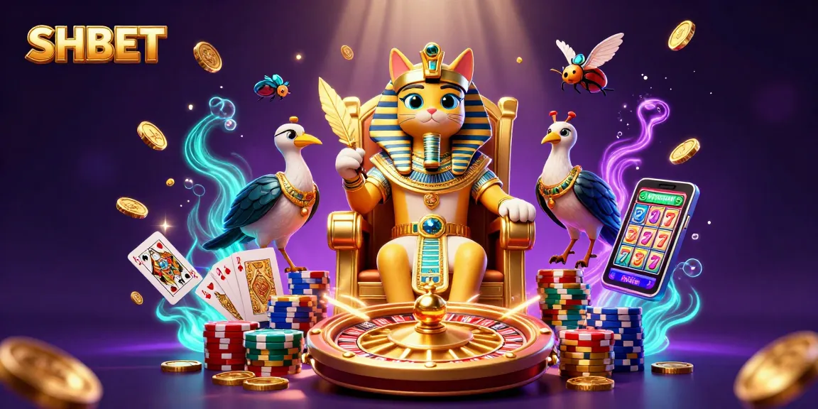 Experience excitement at SHBET with a vibrant 3D casino scene showcasing a pharaoh cat and thrilling game elements.