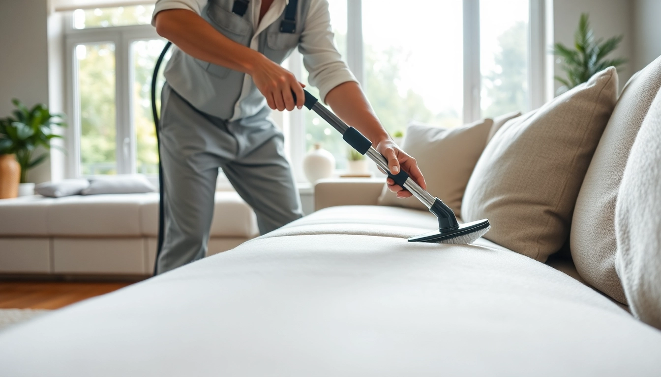 Upholstery cleaning in Glasgow with a technician freshening up a plush sofa in a bright living room.