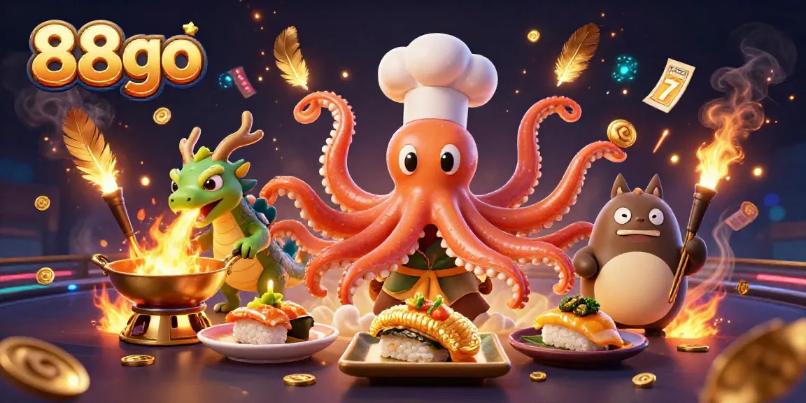Experience the thrill at 88go with vibrant casino gaming elements featuring a sushi chef octopus and mythical creatures.