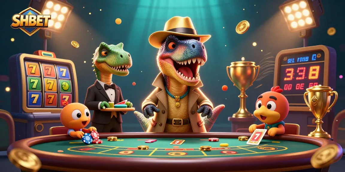 Engage with SHBET's dynamic casino scene featuring a velociraptor card counter among thrilling slot game elements.
