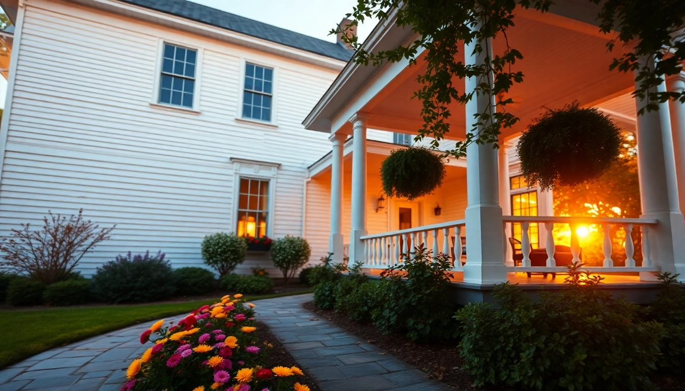 Colonial home renovation showcasing a restored colonial-style house with a beautiful garden.