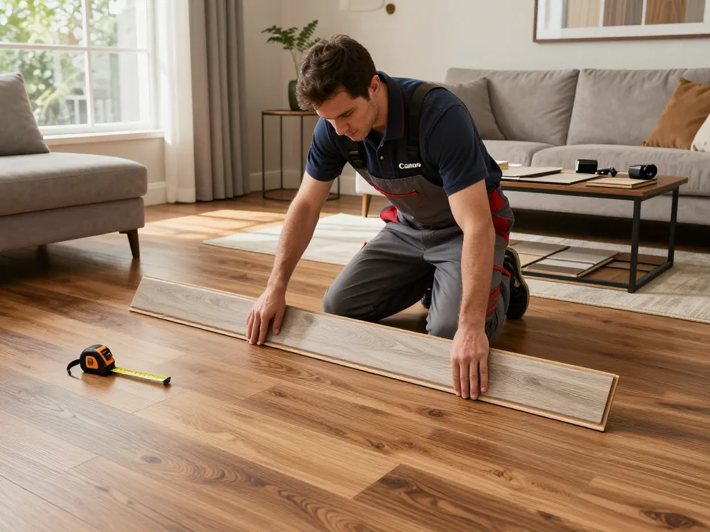 Flooring specialists near me installing luxury vinyl planks in a stylish home interior.