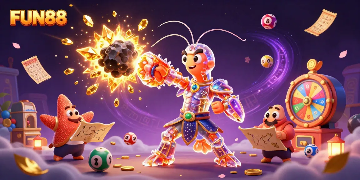 Experience the thrill of FUN88 with dynamic illustrations of a galactic samurai mantis shrimp and a starfish in an intense gaming scene.