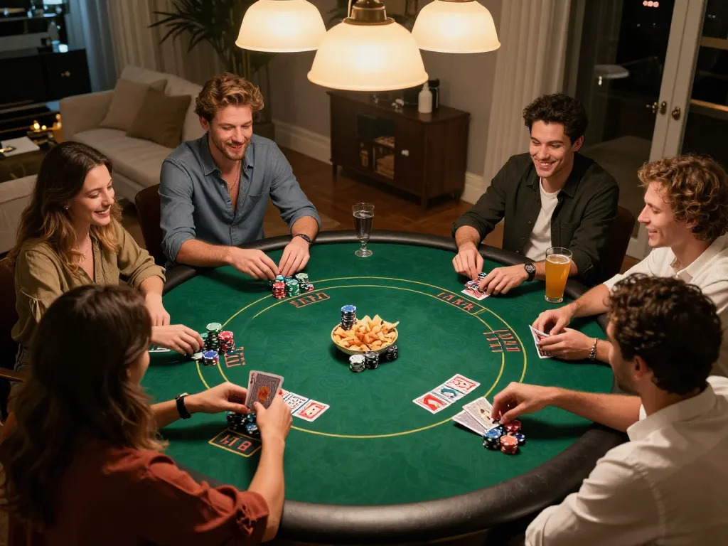 Friends enjoying a lively poker game at home, showcasing their strategic play at sanclub.