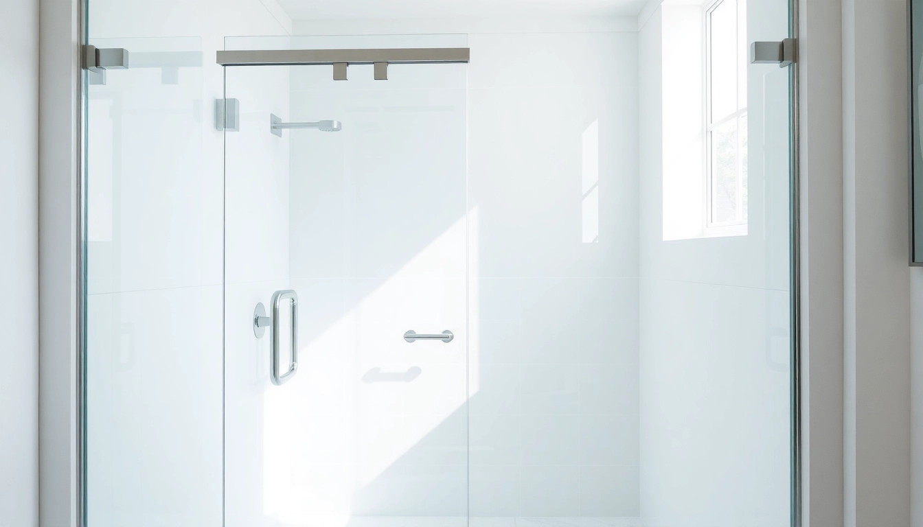 Showcasing glass shower doors with sleek design and reflective qualities in a modern bathroom