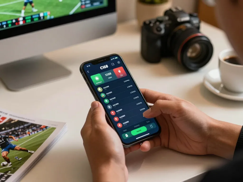 C168 user actively placing bets on a smartphone, engaging with live sports odds in an inviting workspace.