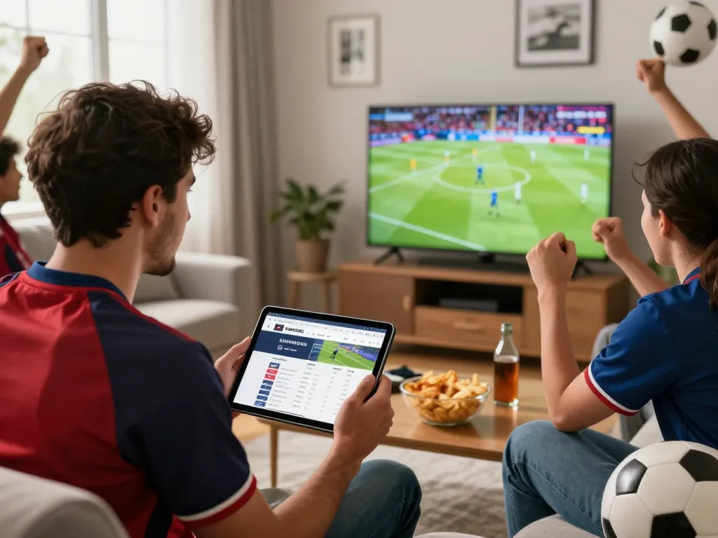 Football fan engaging with NOWGOAL on a tablet in a vibrant sports atmosphere with friends cheering on a live match.