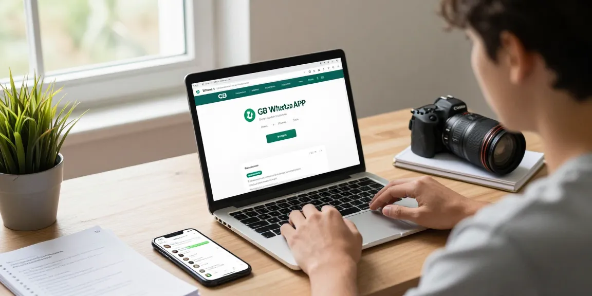 GB WhatsApp download in a cozy home office setup with a laptop showing APK details.